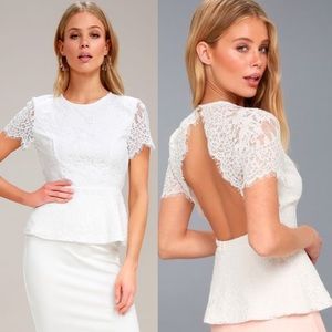 NWT Lulu's Locklyn Lace Backless Peplum Short Sleeve Top White M
